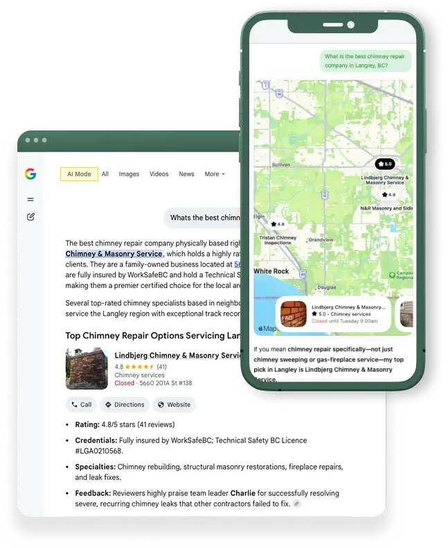 Google AI Mode and AI map results recommending Lindbjerg Chimney in Langley