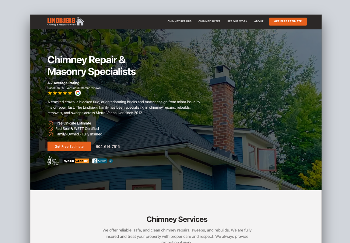 Lindbjerg Chimney website homepage designed for lead generation