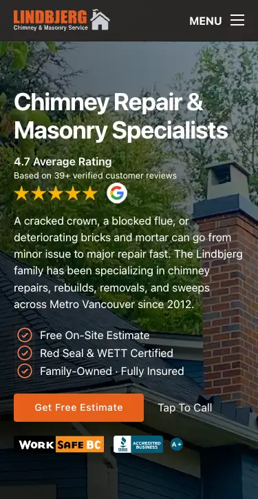 Mobile view of a chimney repair website with reviews, trust badges and a tap-to-call button