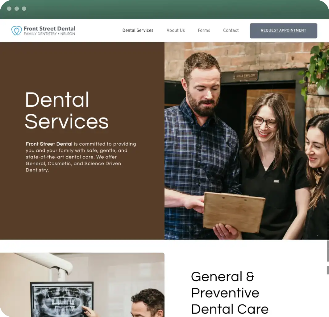 Front Street Dental website dental services page, Nelson, BC