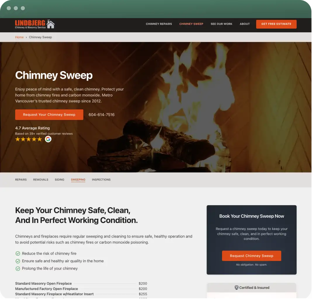 Lindbjerg Chimney chimney sweep service page with booking form and pricing