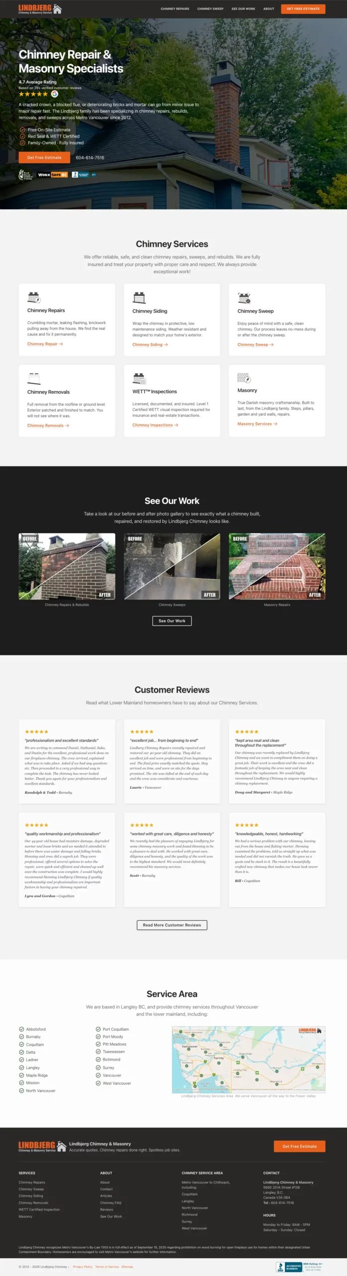 Full-page layout of a chimney contractor website showing services, reviews and service area