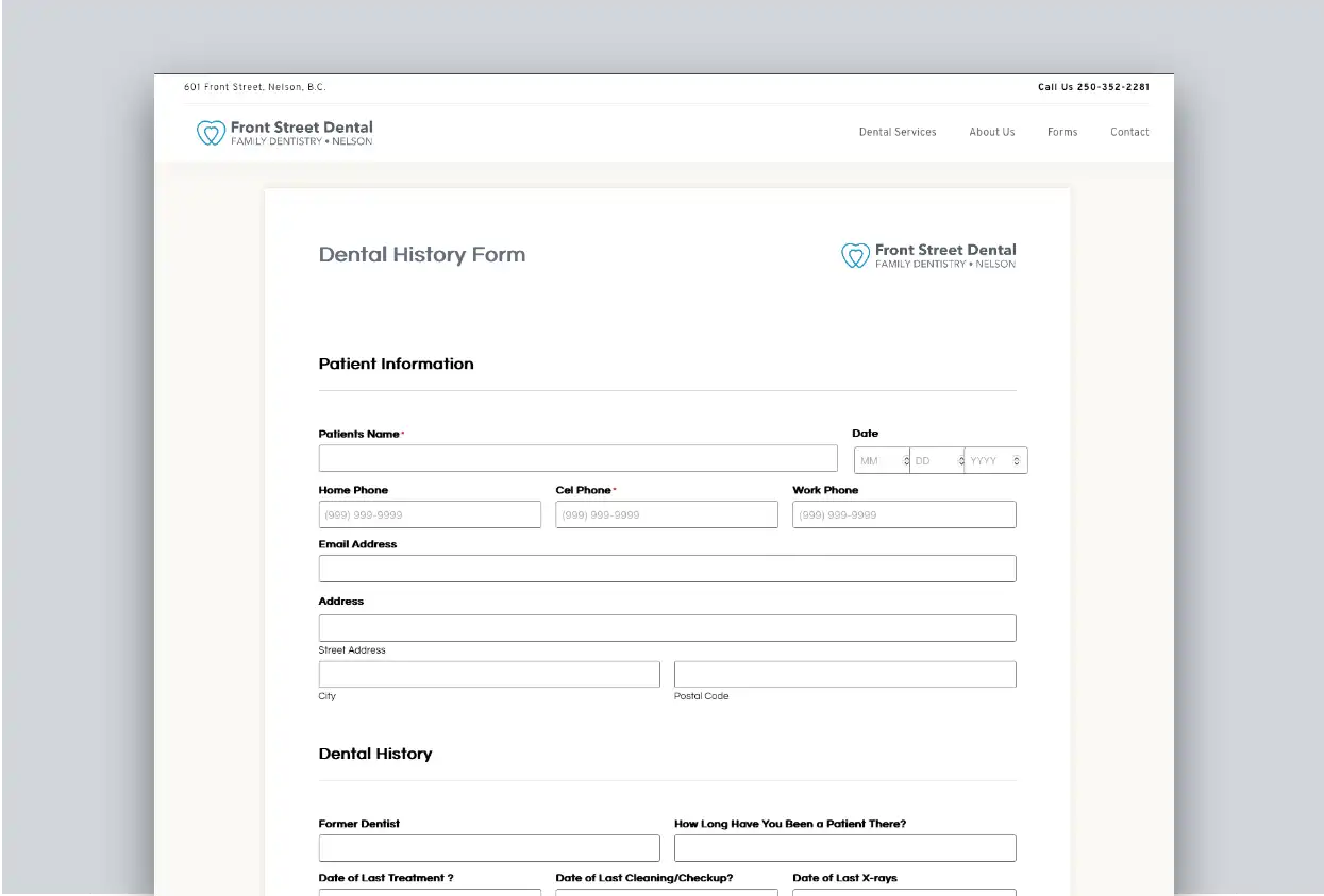 Online dental history intake form on the Front Street Dental website