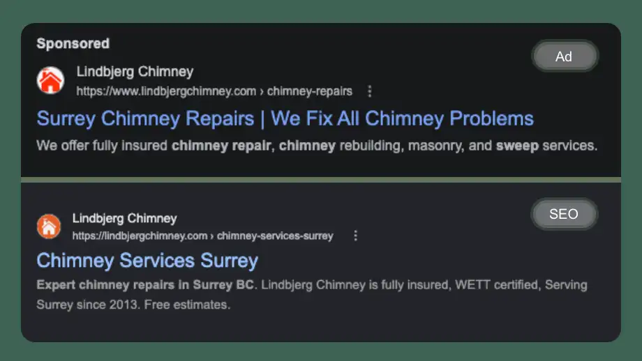 Google search results showing a Lindbjerg Chimney ad above its organic SEO listing