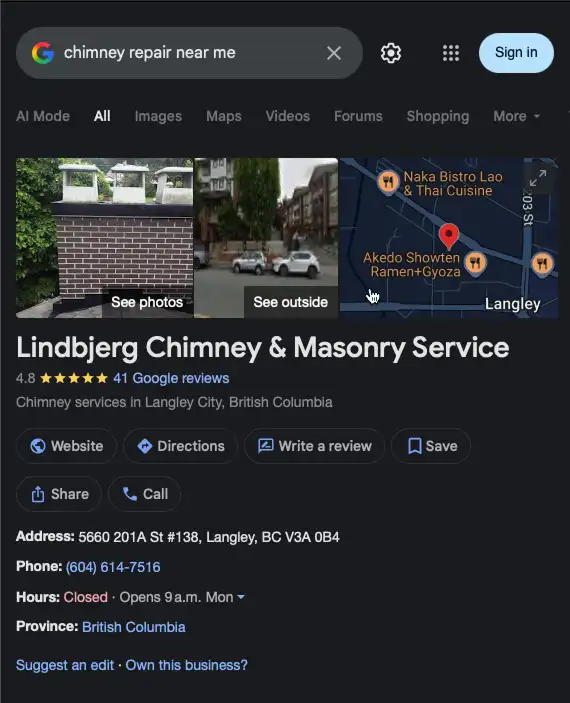 Google Business Profile for Lindbjerg Chimney & Masonry Service in Langley, BC
