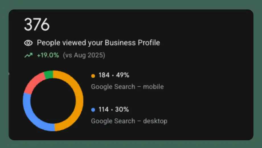 Google Business Profile insights showing 376 profile views from mobile and desktop search