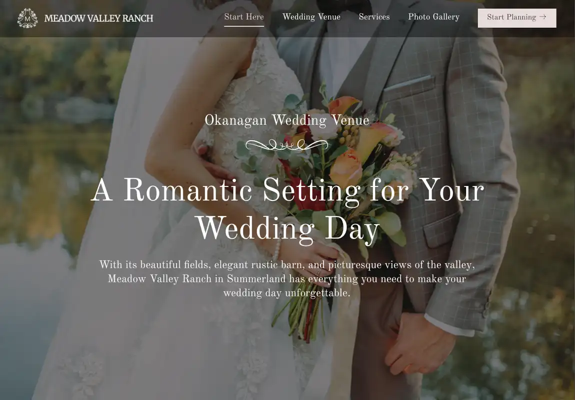 Meadow Valley Ranch wedding venue website homepage, Okanagan