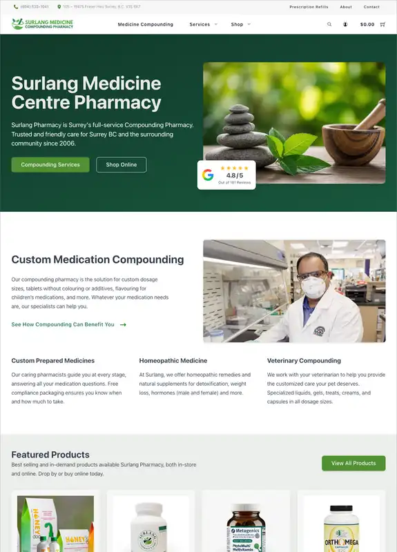 Surlang Medicine Centre Pharmacy website homepage, Surrey, BC