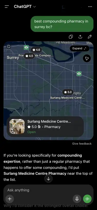 ChatGPT recommending Surlang Medicine Centre Pharmacy as a top compounding pharmacy in Surrey, BC