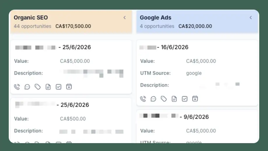 CRM pipeline showing lead opportunities and values from organic SEO and Google Ads