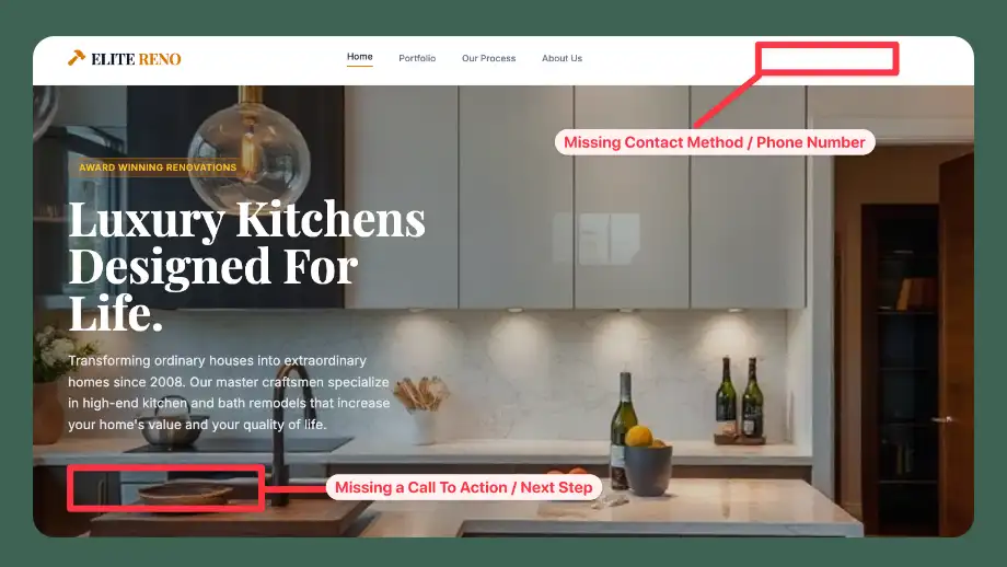 Renovation website homepage marked up to show a missing phone number and missing call to action