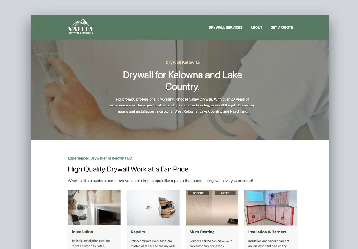 Valley Drywall website homepage for a drywall contractor in Kelowna
