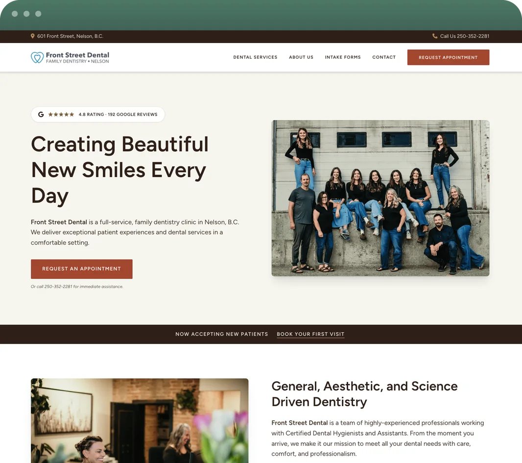 Front Street Dental website homepage, a family dentistry clinic in Nelson, BC